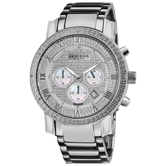 Akribos XXIV Silver and Black Chronograph Watch 2ct Genuine Diamonds - Picture 7 of 11